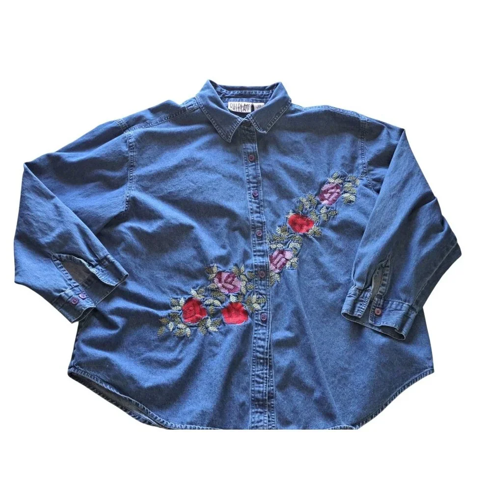 Vtg Bill Blass Womens 3X Embroidered Denim Shirt Button-Up Cotton Floral Boho - Picture 1 of 9